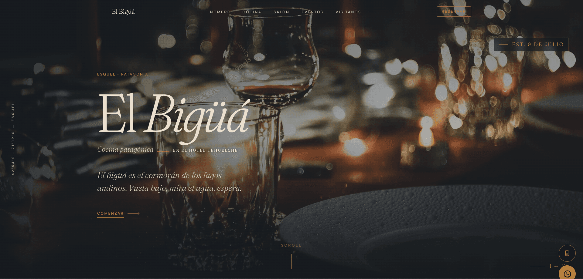 Sitio web de El Bigüá, restaurante de cocina patagónica del Hotel Tehuelche en Esquel — sitio de Manivela