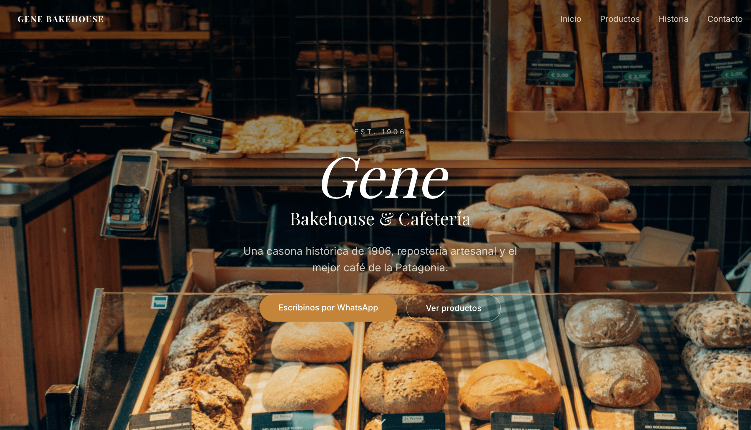 Landing page de Gene Bakehouse, pastelería artesanal patagónica — demo de Manivela