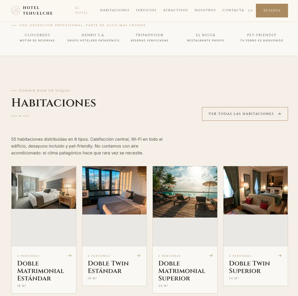Sitio web del Hotel Tehuelche en Esquel, con sección de habitaciones, sitio bilingüe español/inglés de Manivela