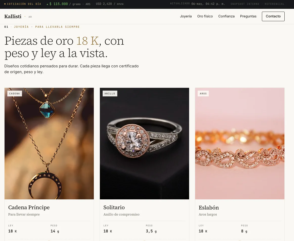 Landing page de Kallisti, joyería de oro 18K y oro de inversión en Buenos Aires, demo de Manivela