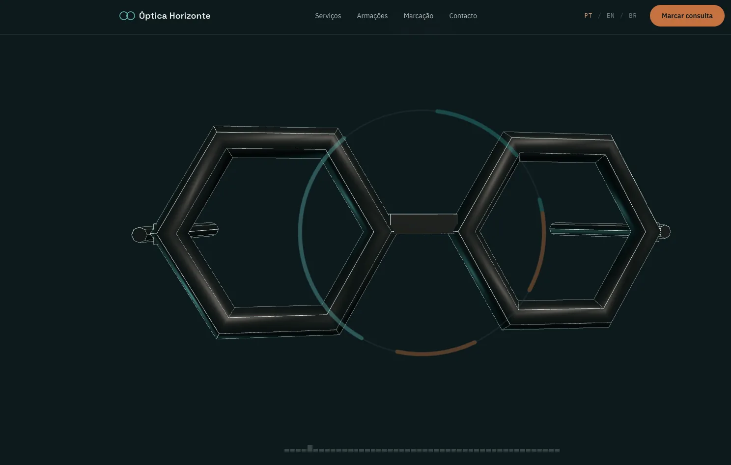 Sitio web de Óptica Horizonte, con una escena 3D de lentes como hero, sitio de Manivela