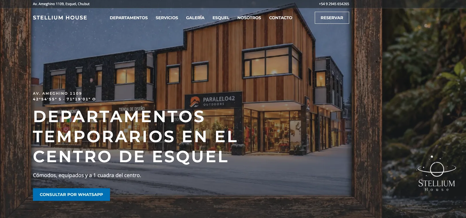 Sitio web de Stellium House, departamentos temporarios en el centro de Esquel, sitio de Manivela