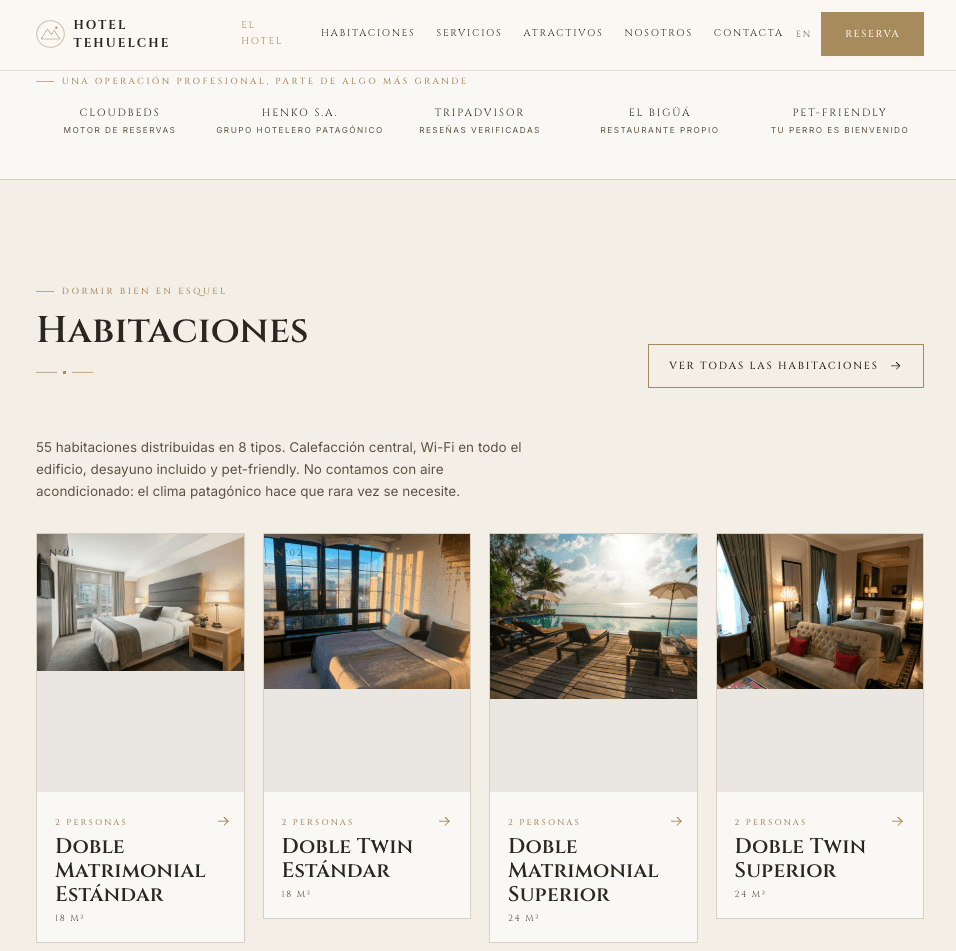 Sitio web del Hotel Tehuelche en Esquel, con sección de habitaciones, sitio bilingüe español/inglés de Manivela
