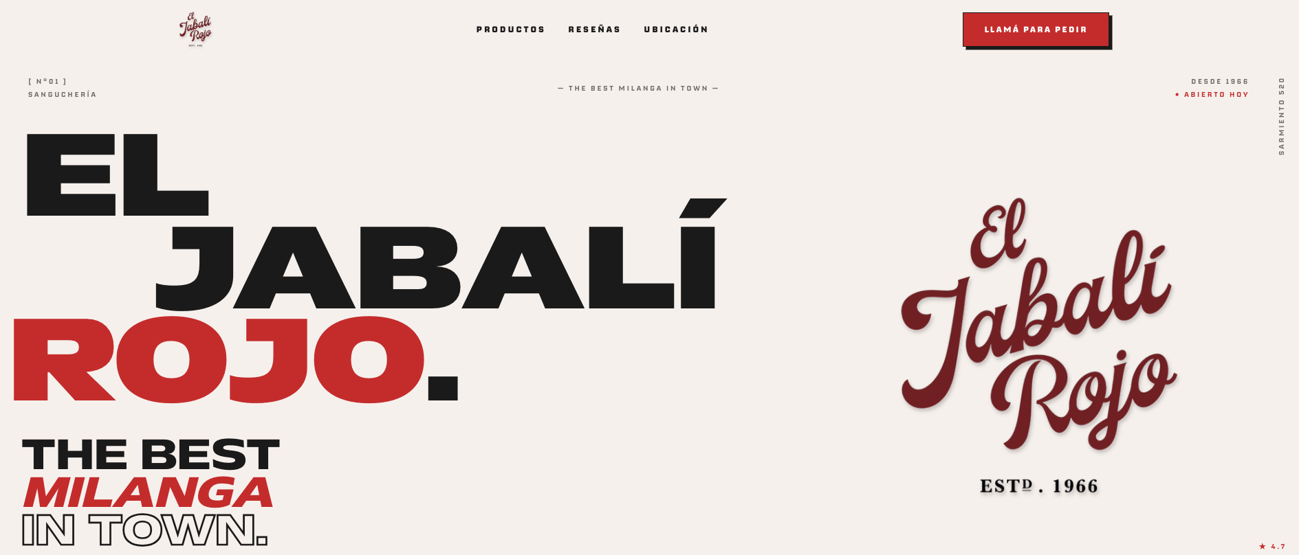 Landing page de Jabalí Rojo, sanguchería de milanesas en Esquel, demo de Manivela