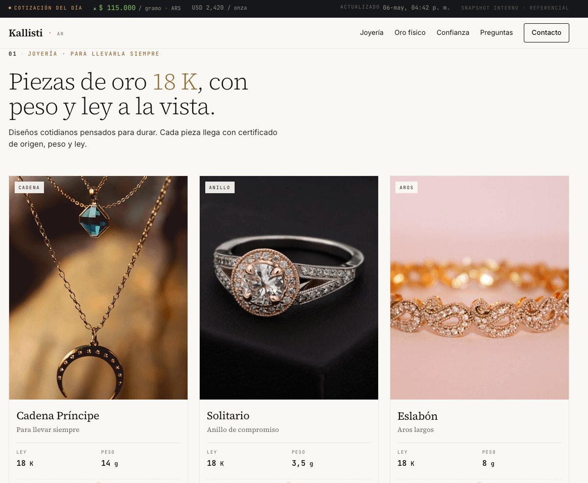 Landing page de Kallisti, joyería de oro 18K y oro de inversión en Buenos Aires, demo de Manivela