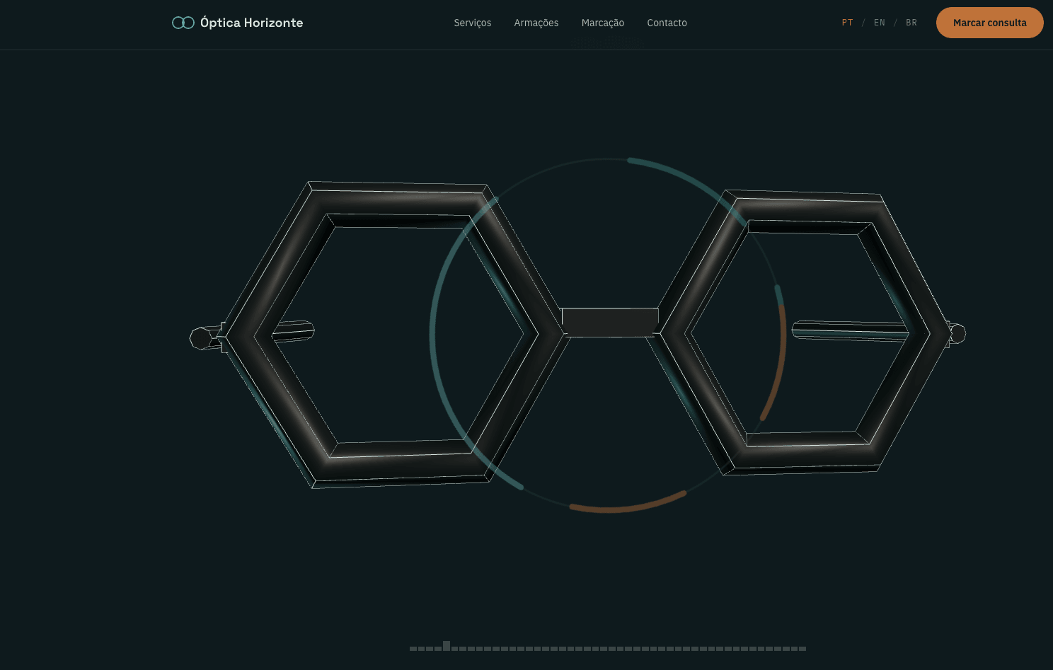 Sitio web de Óptica Horizonte, con una escena 3D de lentes como hero, sitio de Manivela