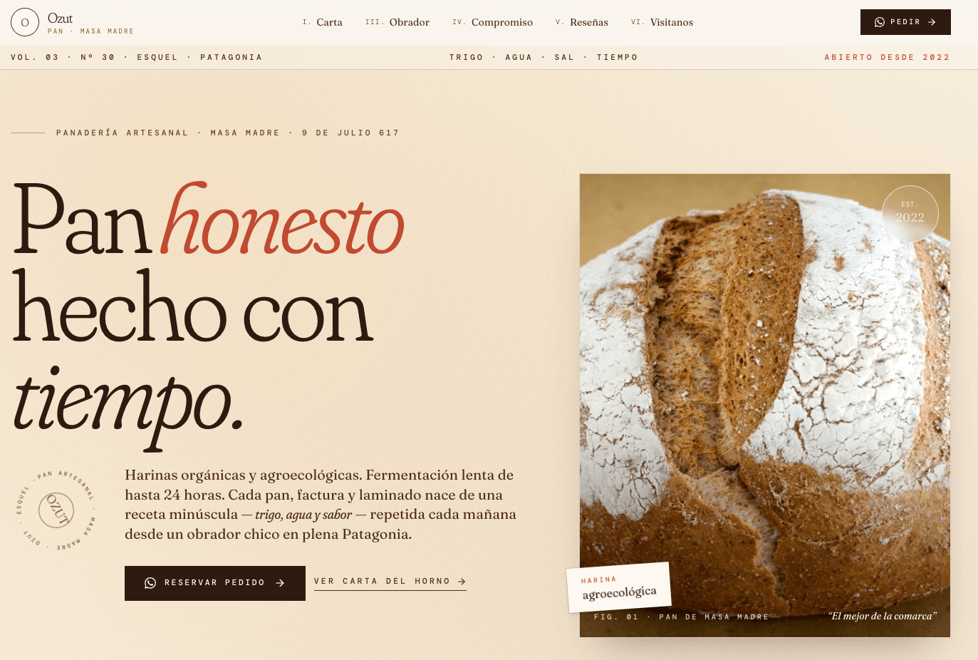 Landing page de Ozut, panadería artesanal de masa madre en Esquel, demo de Manivela